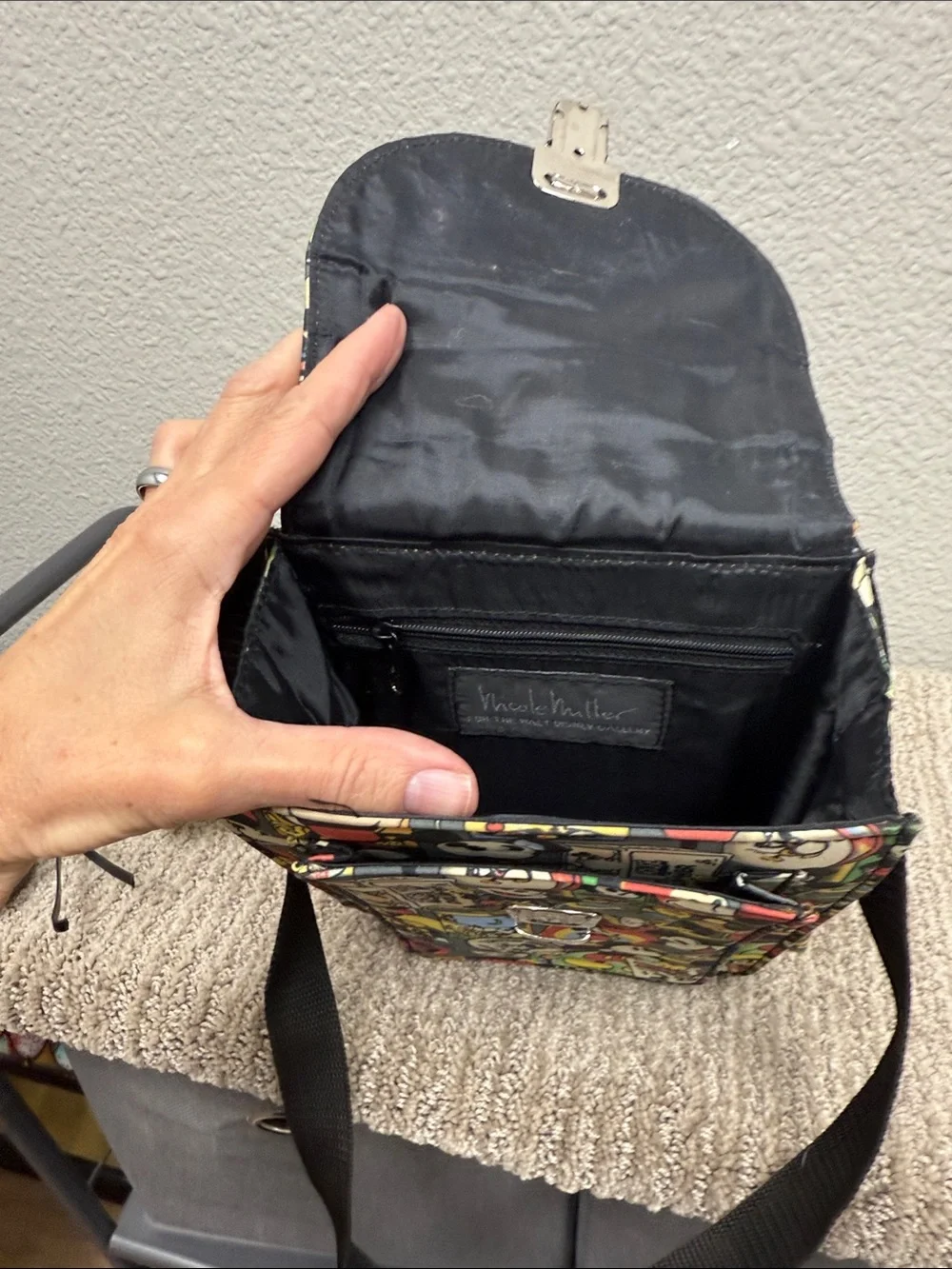 Nicole Miller Black Multicolor Mickey Print Crossbody Bag
